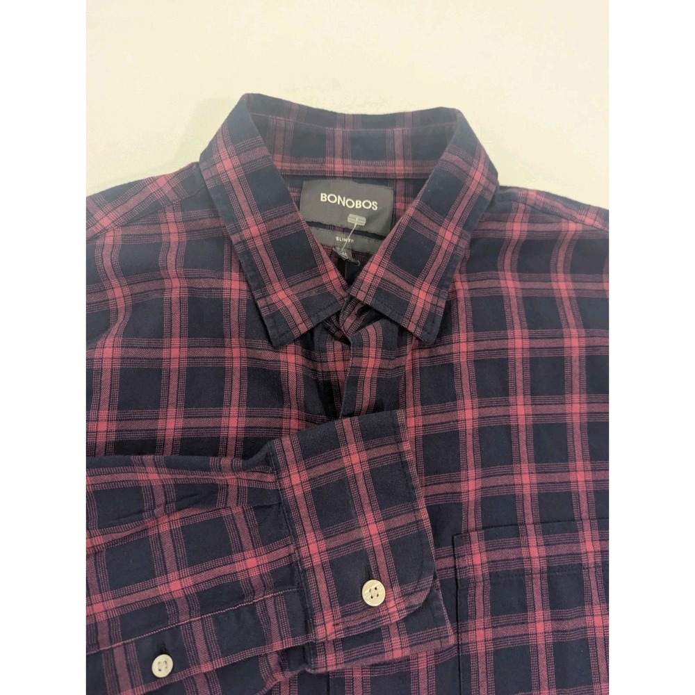 Bonobos Mens Shirt M Slim Fit Scotch Plaid Pink Blue Long Sleeve Button